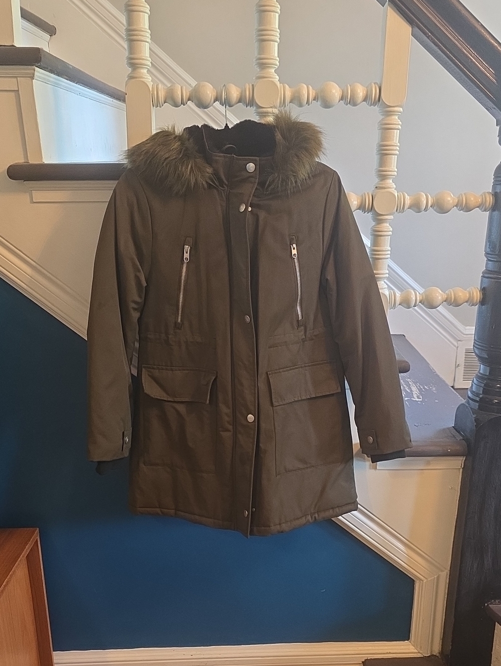 Zara Olive Green Puffer Parka with Faux Fur Hood